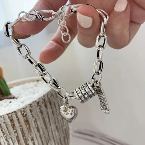 New Vintage Sterling Silver Thick Chain Bracelet Trend Cute Bangle Heart Pendant - Picture 4 of 24
