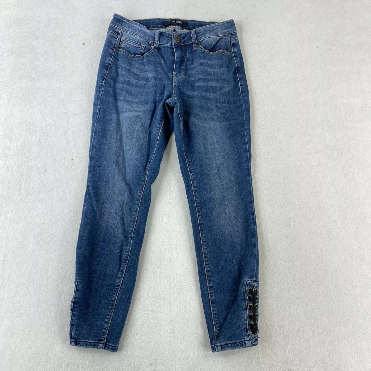Stitch Star Jeans Womens 6 Tapered Leg Mid Rise Lace Up Hem Medium Wash Stretch
