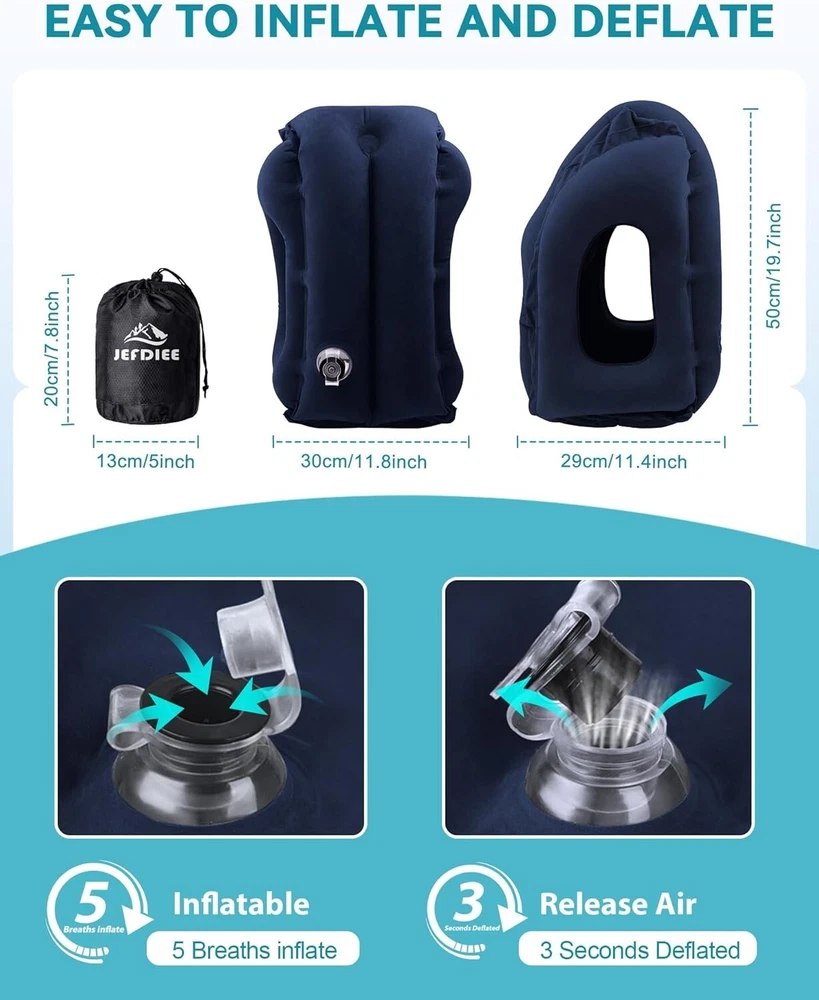 Ultimate Inflatable Travel Pillow in Solid Blue with Eye Mask and Ear Plugs