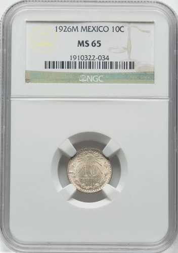 MEXICO ESTADOS UNIDOS 1926 10 CENTAVOS COIN, NGC CERTIFIED GEM UNCIRCULATED MS65