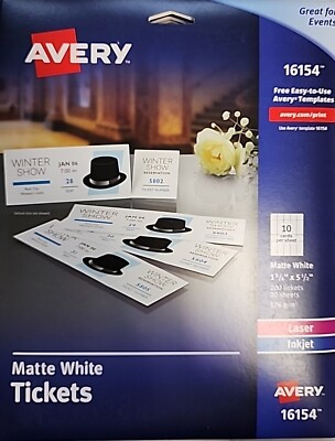 Avery Printable Tickets w/Tear-Away Stub 10 Tix/Sheet White 20 Sheets ...