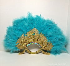 Vintage Wedding Traditional Bridal Hand Fan Gold Embellished with Blue Feathers