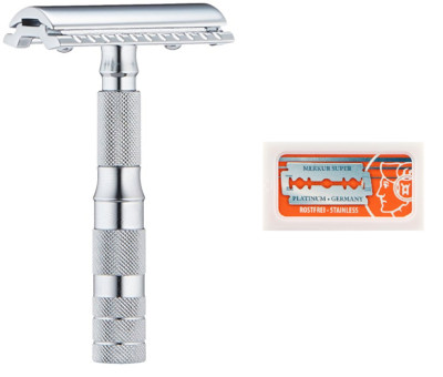 Merkur Travel Safety Razor With Bar and Leather Pouch #210 + 10 Blades