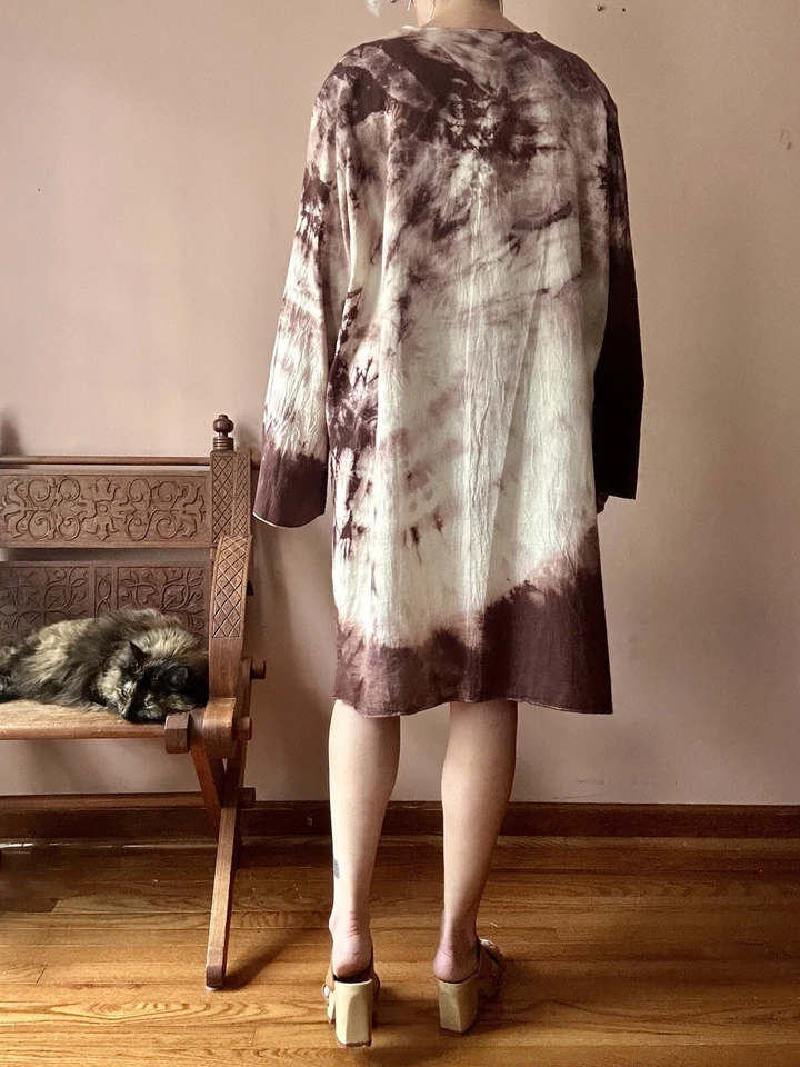 Túnica Vintage Manga Larga - Tie Dye Marrón Caftán - Top Hippie Boho Años 70 Mini Foto 4 de 4