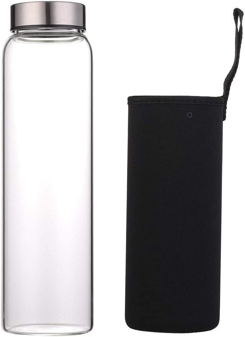 Glass Water Bottle 32 Oz High Borosilicate with Neoprene Sleeve Leak Proof Lid R
