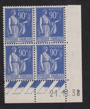 bloc 4 timbres France en coin daté 1938 Type Paix 90c outremer Y&T n°368