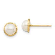 Real 14K Yellow Gold Madi K 5-6mm White Button Cultured Pearl Post Earrings