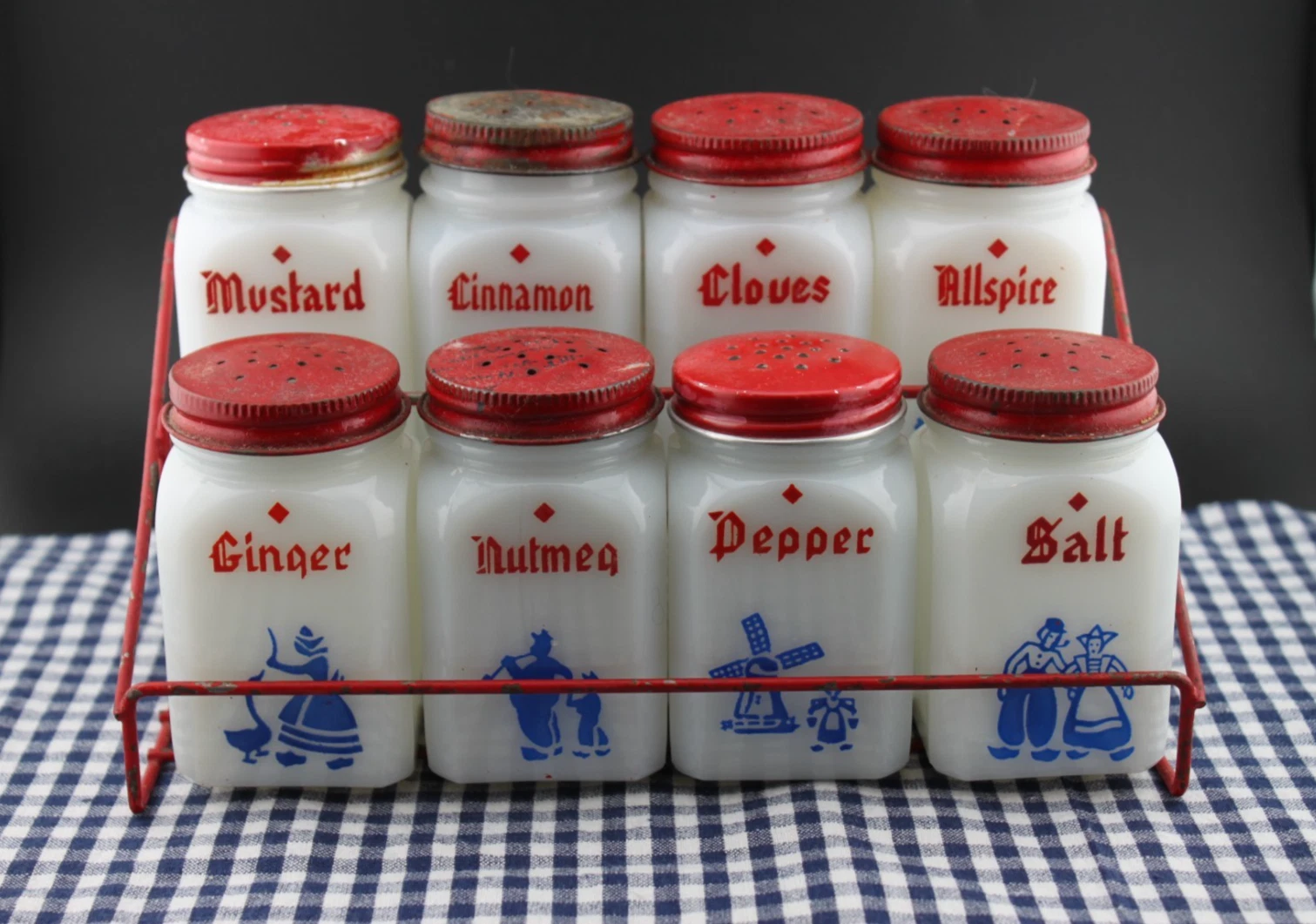 Vintage Hazel Atlas 8 Piece Milk Glass Dutch Spice Shaker Jar Set with Rack