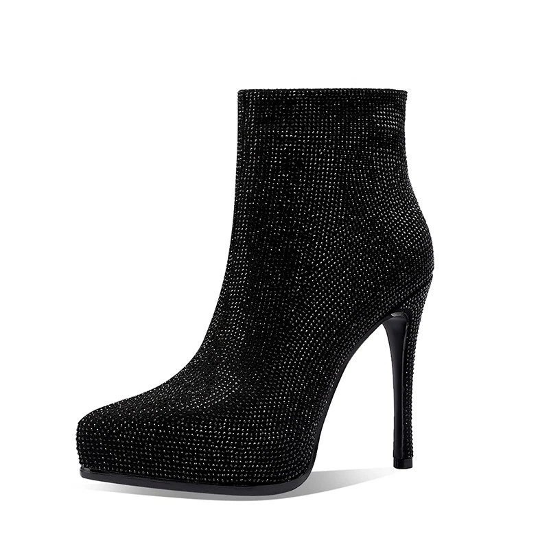 Botines de cuero gamuza real con estrás de tacón de aguja de 12 cm de alto para mujer con cremallera Foto 3 de 4