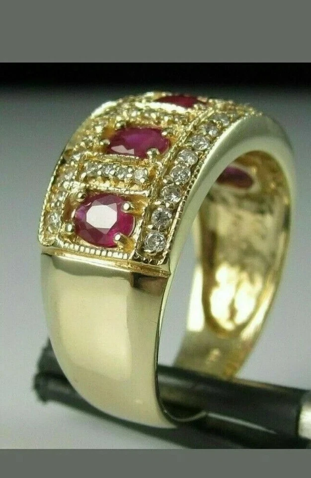 Anillo de aniversario de diamantes y rubíes naturales de corte ovalado de 3,00 quilates de oro amarillo de 14 k talla 8 Foto 2 de 4