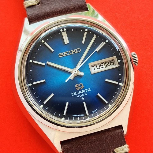 Seiko 1976 Blue Dial SQ Watch Rare Vintage With Brown Leather 0903-7009 Mens