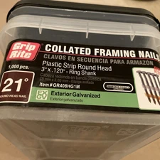 1000 Pc Grip Rite Collated Framing Nails Plastic Strip Round Head 3”x .120”