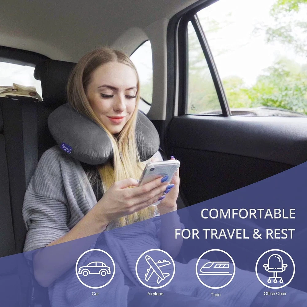 Travel Pillow Memory Foam for Airplanes - 11.8 x 11.5 x 3.5 inches, Dark Gray