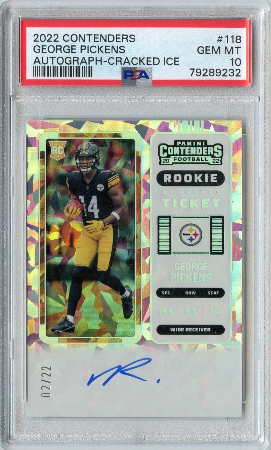 2022 Contenders George Pickens Cracked Ice Rookie Auto #'D 2/22 PSA 10 COWBOYS