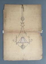 Dessin, projet de luminaire, lampe à pétrole, début XXe