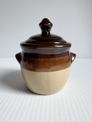 Vintage 1970s Salt Crock + Lid Tri-Color Grease Jar Brown Glazed Pottery 4.5 