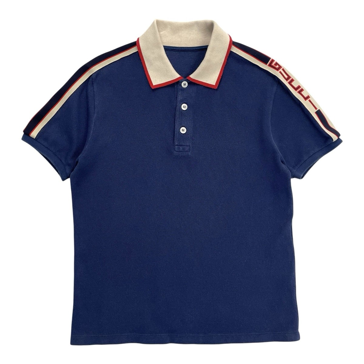 Gucci Men's Stripe Collar Polo Shirt Blue Webbing Trimmed Ribbon
