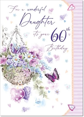 Doodlecards Daughter 60th Birthday Card Age 60 Purple Hanging Basket