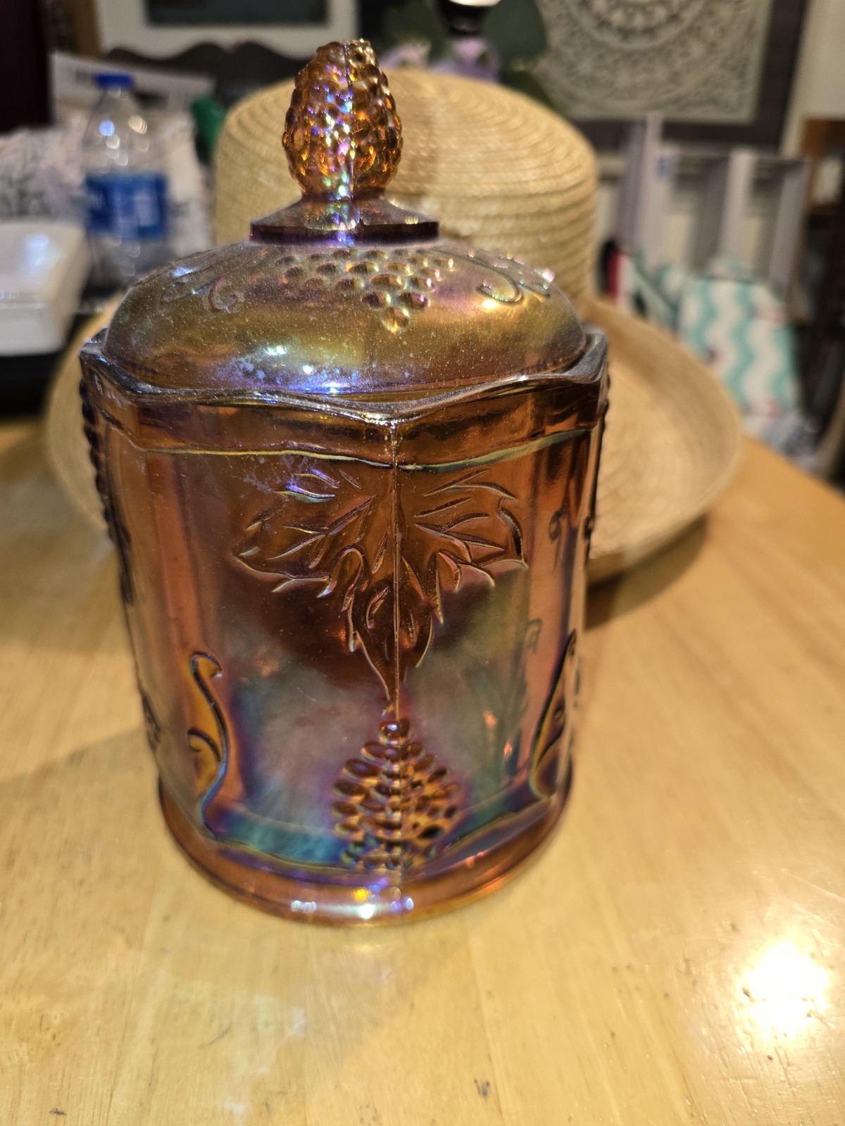 Carnival Glass CANISTER Vintage Indiana Glass Amber Marigold Harvest Grapes 7