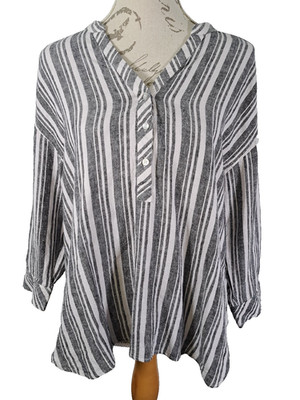 LAUNDRY Shelli Segal Top Grey Striped Linen Blend V-Neck 3/4 Sleeve Large