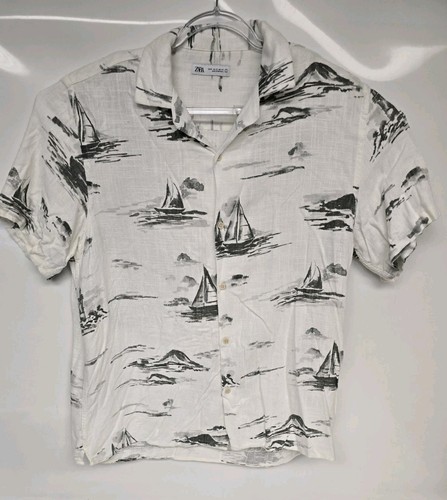 Zara Shirt Button Up Short Sleeve Sail Boat Viscose Linen Mens Size XL