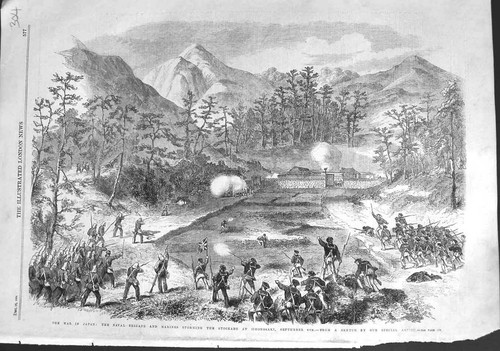 Original Old Antique Print 1864 War Japan Naval Brigade Marines Simonosaki 19th