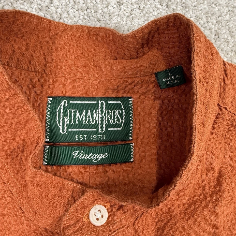 Gitman Bros Vintage Shirt Mens Large USA Made Band Collar Seersucker Orange - Image 3 of 4