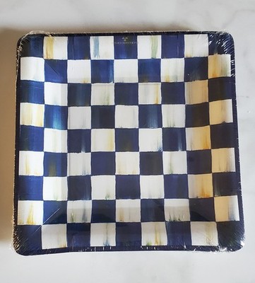 10 x MacKenzie Childs Papierteller Paper Plates Blue Royal Check Neu New
