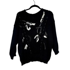 Vintage 1980s Black Sweater Appliqu  Embroidery Beadwork Shenanigans Size Large