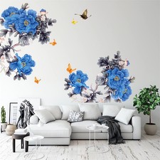 Blue Peony Flower Butterfly Wall Stickers, sacinora Large Blossom Floral D