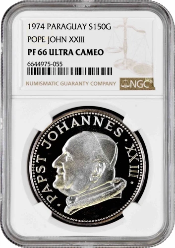 Paraguay 150 guaranies 1974, NGC PF66 UC, "Pope John XXIII" Pop 1/3
