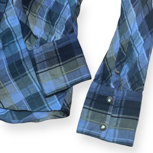 VERONICA BEARD Frankie Top Sweetheart Neck Pearl Snap Sparkle Blouse Plaid Blue - Picture 9 of 17