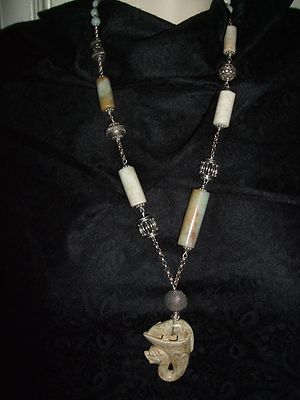 COLLANA GIADA VERDE JADE CIONDOLO ANTICO NECKLACE ARGENTO SILVER SNAKE SERPENTE
