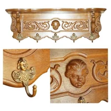 FINELY DUTCH CARVED CHERUB OAK COAT HAT SCARF WALL RACK HANGER ROYAL HOOKS