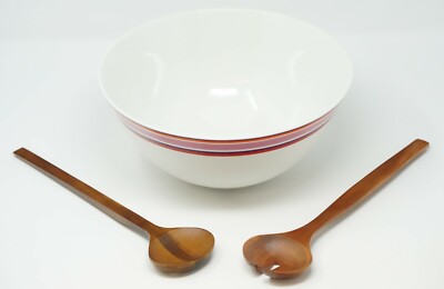 Kate Spade New York Wickford Stripe 11.75'' Salad Bowl w/ Wooden Servers Set  Red