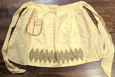 Vtg Yellow Brown Gingham Check Cotton Hostess Half Apron w/ Cross Stitch Design