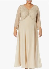 J Kara Women's Size 8 Beaded 3/4 Sleeve V-Neck Ruched Front Empire Long Dress