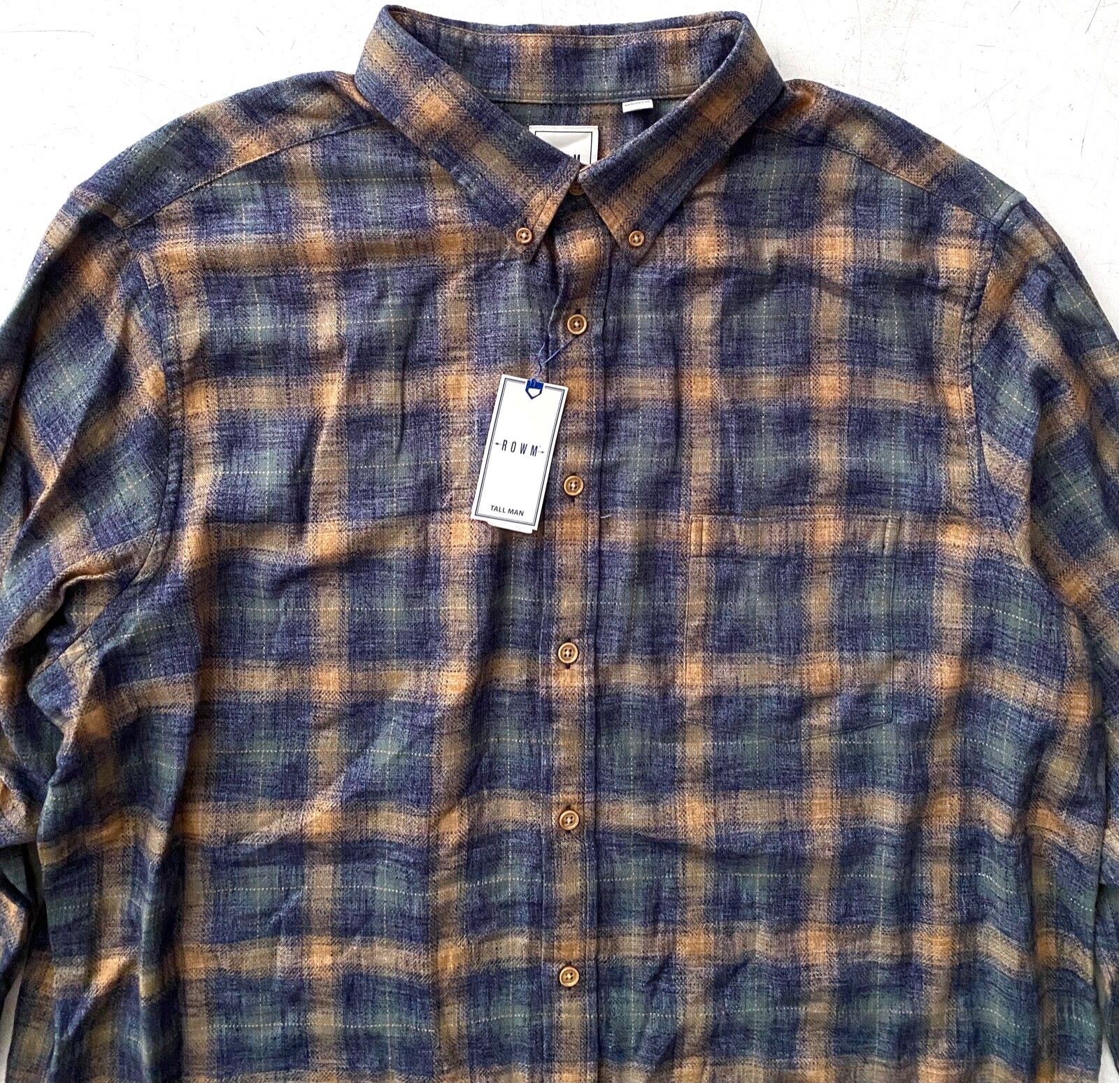 Rowm Shirt Blue Khaki Button Down Nwt Check Long Sleeve Cotton Blend B&T