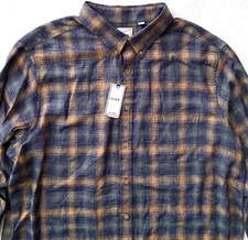 Rowm Shirt Blue Khaki Button Down Nwt Check Long Sleeve Cotton Blend B&T