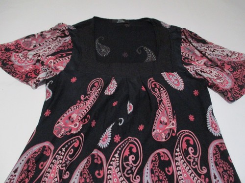 M&S PRETTY BLACK & PINK TALL PAISLEY PRINT CAPPED SLEEVE DRAPEY JERSEY TOP UK 8 - Picture 3 of 8
