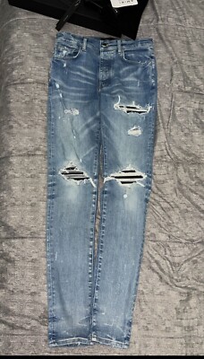 amiri mx1 indigo schwarz Leder Patch Denim Skinny Slim Fit blau 