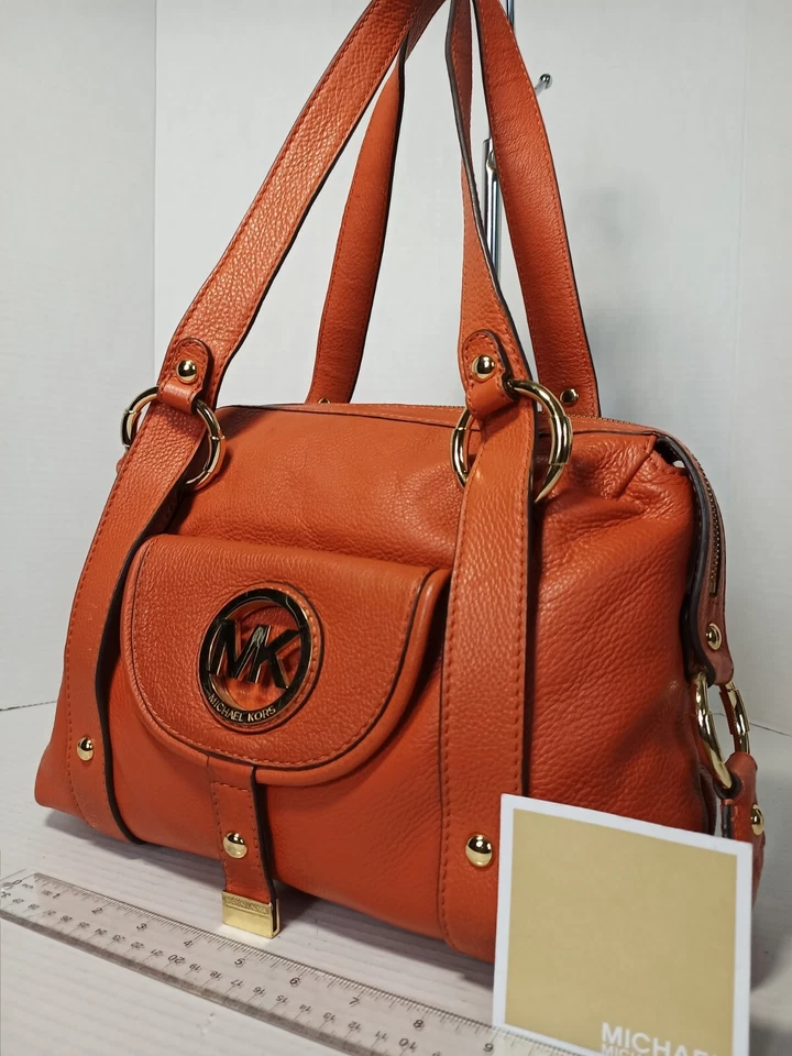 Michael Kors Bedford Satchel Medium Orange Pebbled Leather Buckles - Image 2 of 4