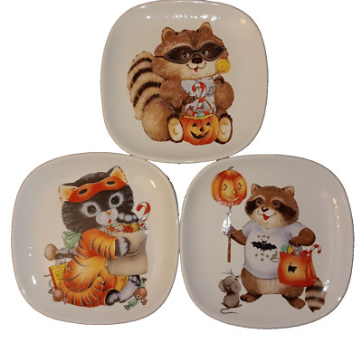 Set of 3 Halloween Children's Plates Pumpkin Raccoon Cat 6'' square
