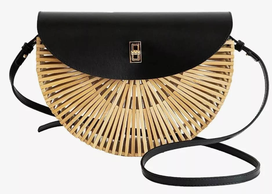 RULER TRUTH Handwoven Round Bamboo Bag Natural Shoulder Bag with Leather Straps