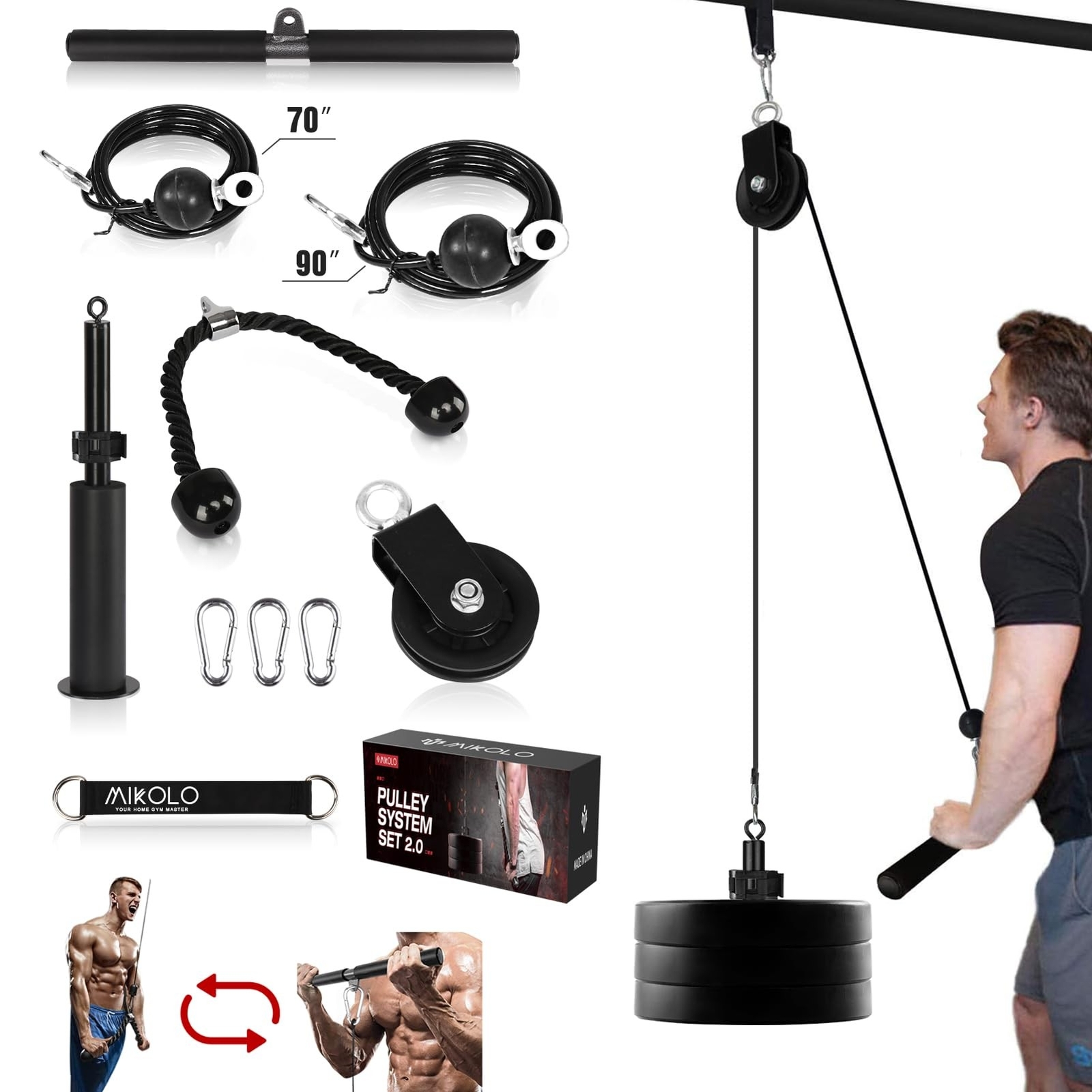 Mikolo Fitness LAT and Lift Pulley System, Dual Cable Machine(70'' and 90'') ...