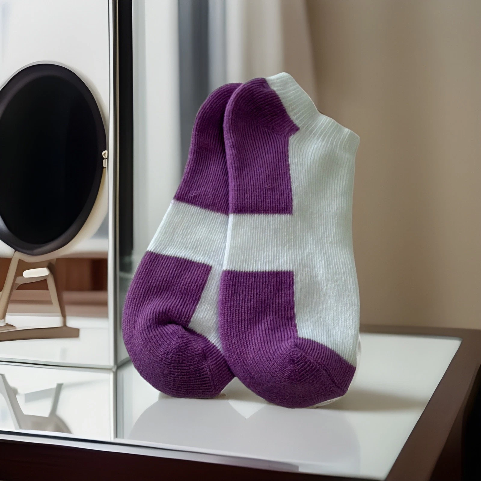 VTG Socks 80s Ladies Acrylic Sport USA Purple Low Cut White Stripe 70's Ankle.