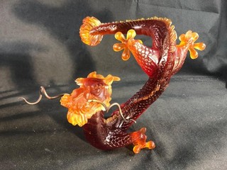 GOOD VINTAGE DAUM AMBER GLASS Pate de Verre CHINESE FIVE TOED DRAGON FIGURE.