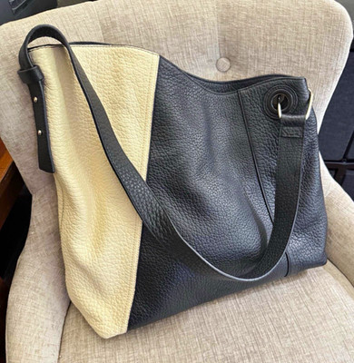 Vince Camuto Large Colorblock Shoulder Bag Black/Ivory Silver Hardware Pebbled