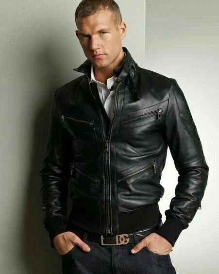 Black Leather Jacket Men Flight/Bomber Pure Lambskin Size S M L XL XXL Customize