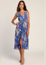 Lulus XS Sensational Season Blue Floral Print Tie-Strap Wrap Midi Dress